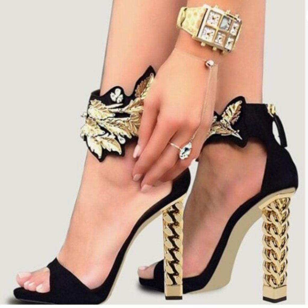 Fsj Black Vine Gold Metal Chain Chunky High Heels Ankle Strap Sandal Dressy Shoe